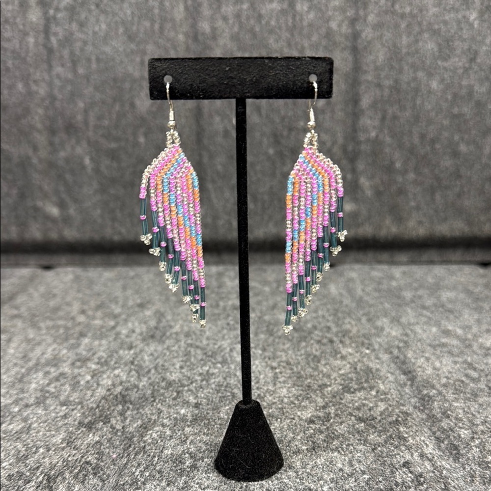 Pink and Silver Chandelier Earrings with Fringe Design